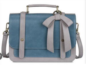 ECOSUSI Blue & Beige Two-Tone Messenger Bag - Detachable Bow - Retro Satchel